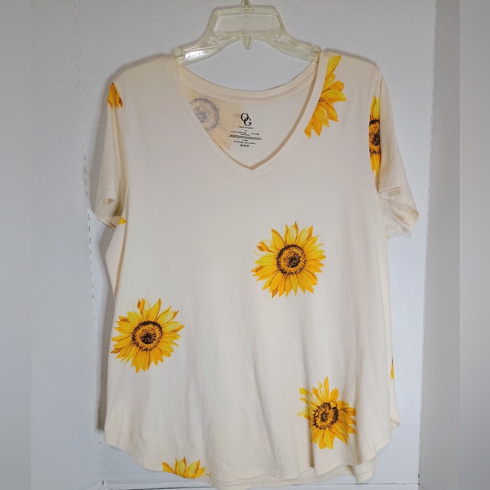 Organic Generation Women's Sunflower Print V-Neck Top Size 1X